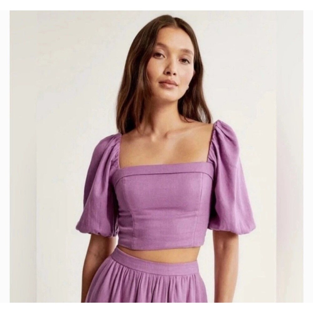 New Abercrombie & Fitch Puff Sleeve Linen Blend Crop Top Womens sz XS Coquette